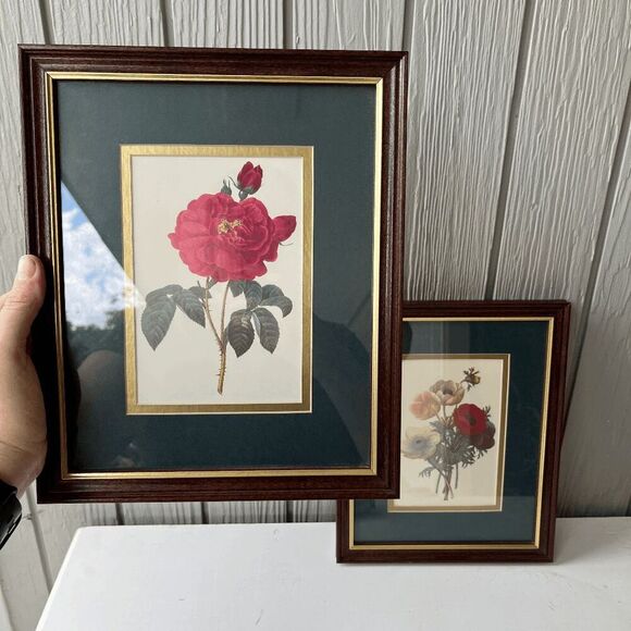 Set of Mid Century Flower Print Wood Gold Frame Vtg Wall Accent Decor 9 X 11 - Picture 1 of 9